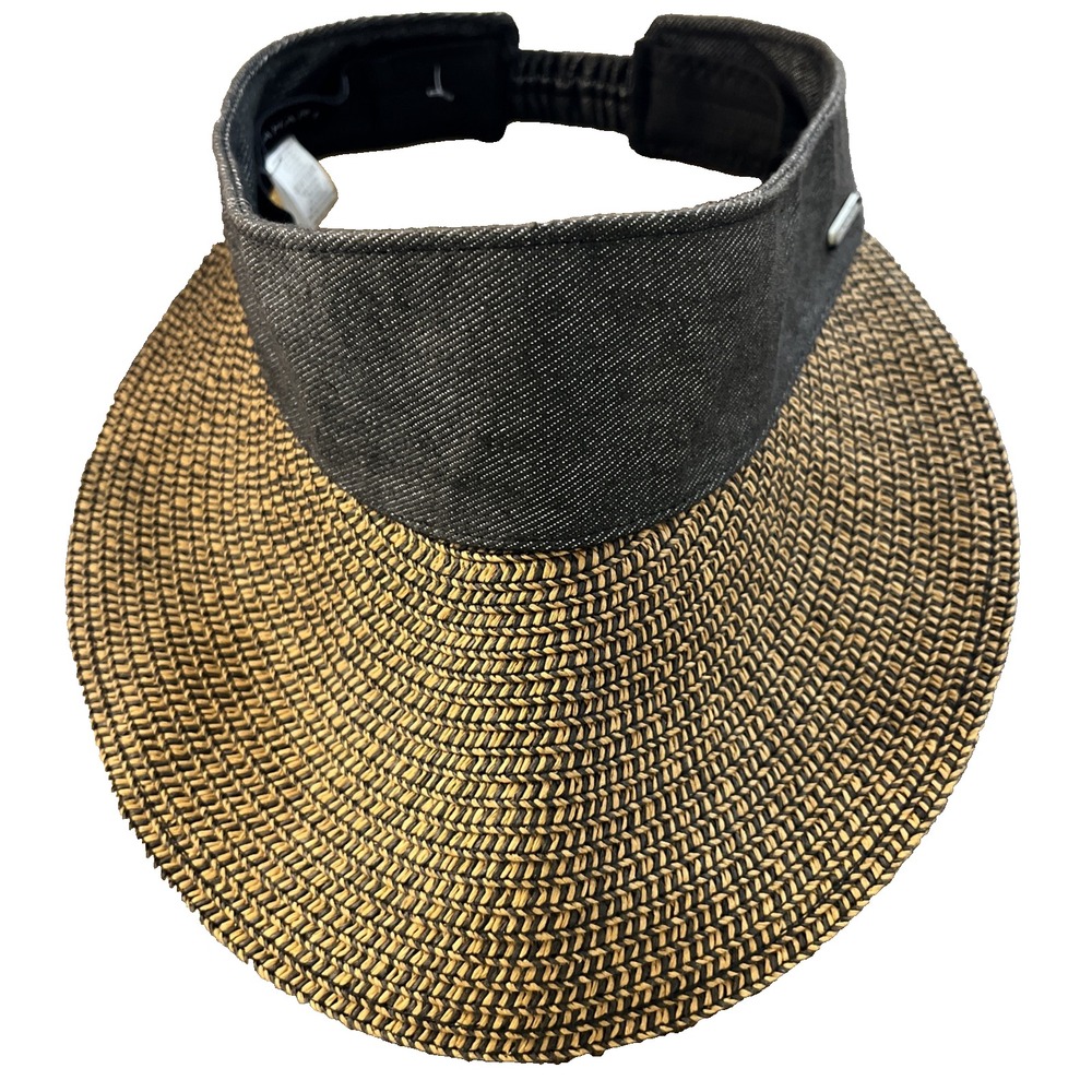 Ladies Tahari Sun Visor Shade Sun Hat Blue Denim Elastic Straw Wide Brim Tennis
